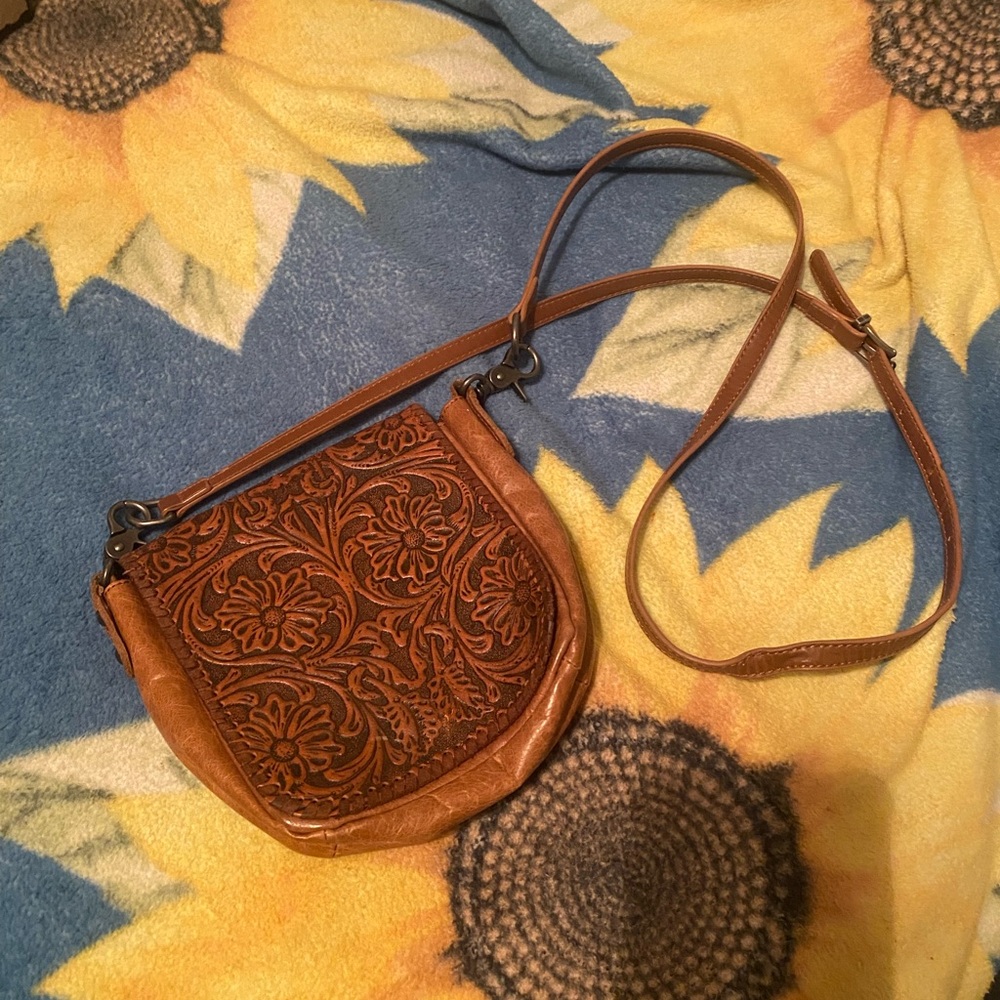 Floral Embossed Tan Crossbody Bag